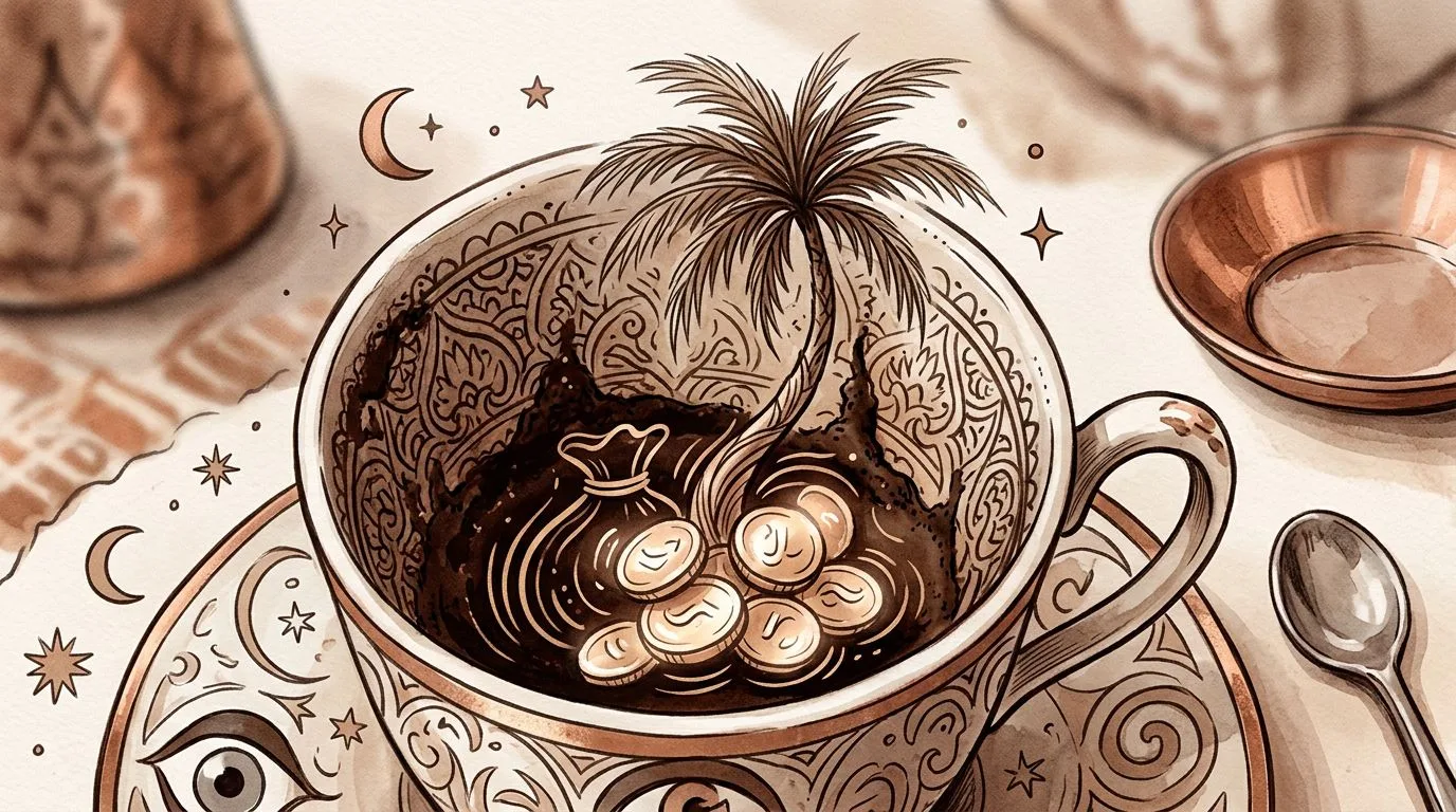 ما تفسير اجتماع النخلة والعملات في الفنجان للمال؟