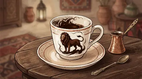 شكل الأسد يتكوّن من ثُفل القهوة داخل الفنجان