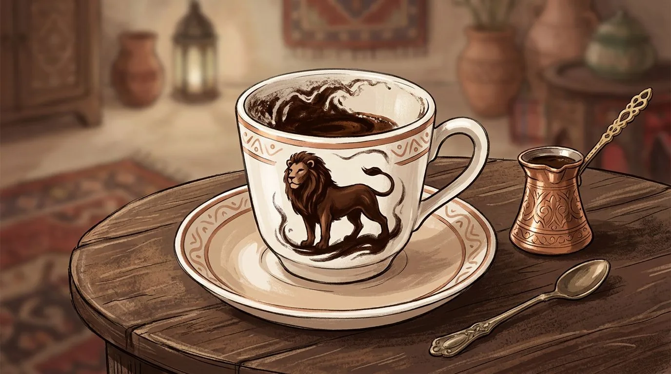 شكل الأسد يتكوّن من ثُفل القهوة داخل الفنجان