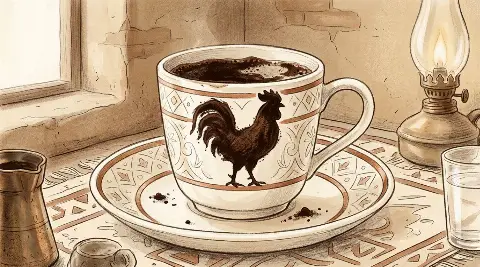 شكل الديك يتكوّن من ثُفل القهوة داخل الفنجان