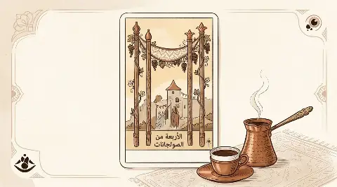 رسم رمزي لبطاقة الأربعة من الصولجانات في مجموع التاروت