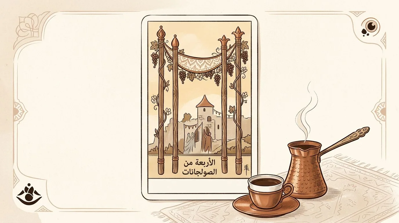 رسم رمزي لبطاقة الأربعة من الصولجانات في مجموع التاروت