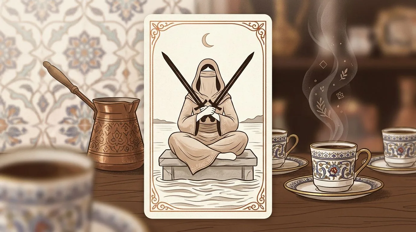 رسم رمزي لبطاقة الاثنان من السيوف في مجموع التاروت