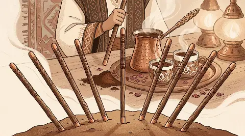 رسم رمزي لبطاقة التسعة من الصولجانات في مجموع التاروت