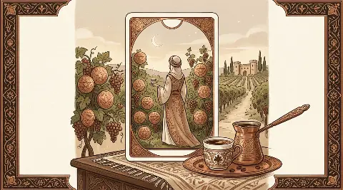 رسم رمزي لبطاقة التسعة من النقود في مجموع التاروت