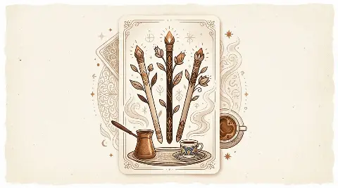 رسم رمزي لبطاقة الثلاثة من الصولجانات في مجموع التاروت
