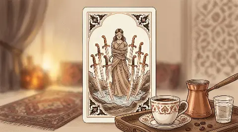 رسم رمزي لبطاقة الثمانية من السيوف في مجموع التاروت