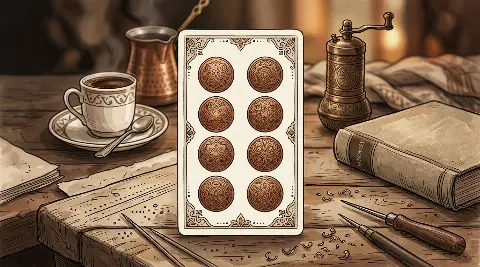 رسم رمزي لبطاقة الثمانية من النقود في مجموع التاروت