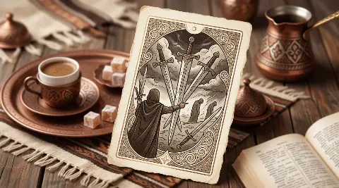 رسم رمزي لبطاقة الخمسة من السيوف في مجموع التاروت