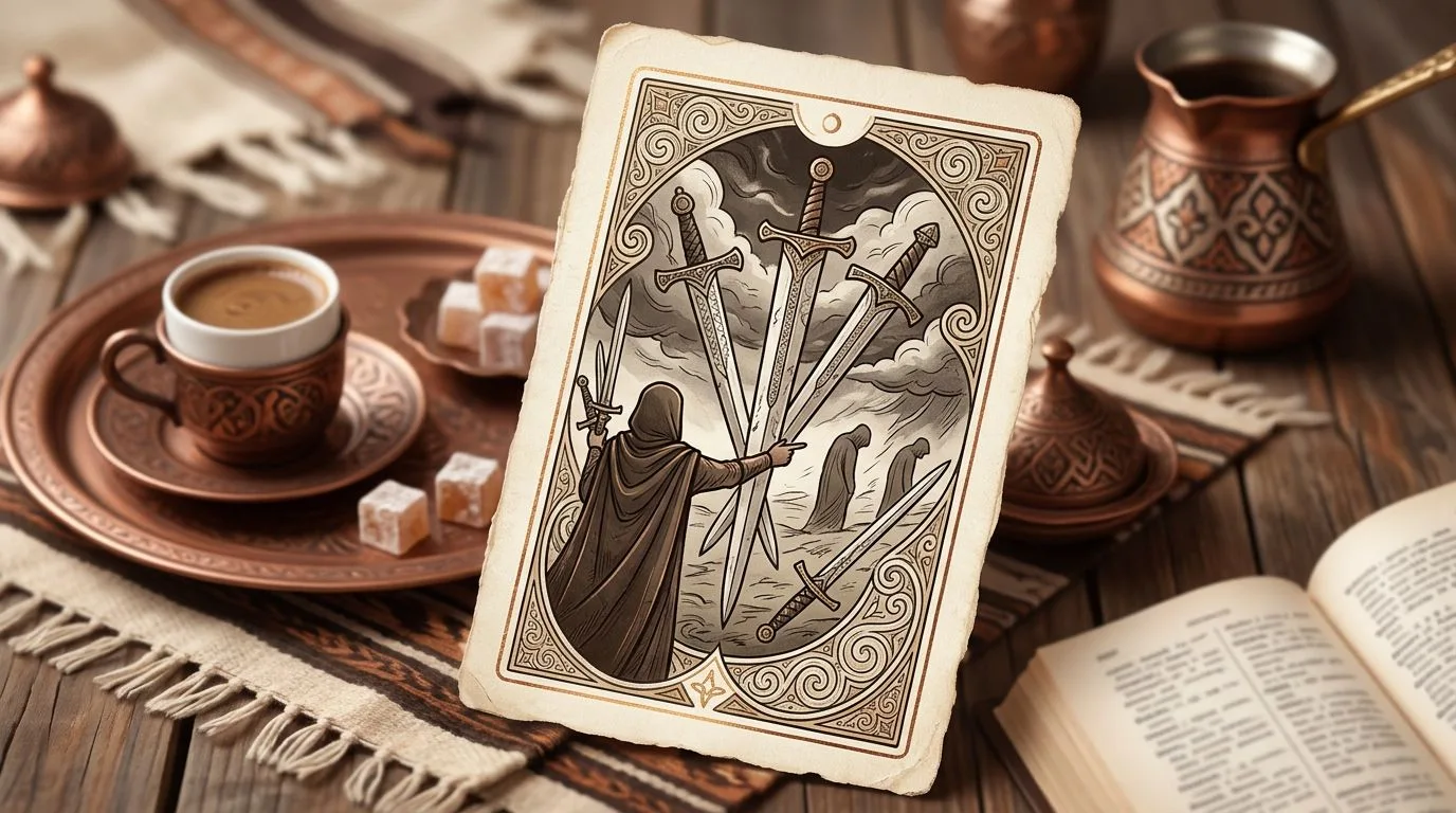 رسم رمزي لبطاقة الخمسة من السيوف في مجموع التاروت
