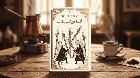 رسم رمزي لبطاقة الخمسة من الصولجانات في مجموع التاروت