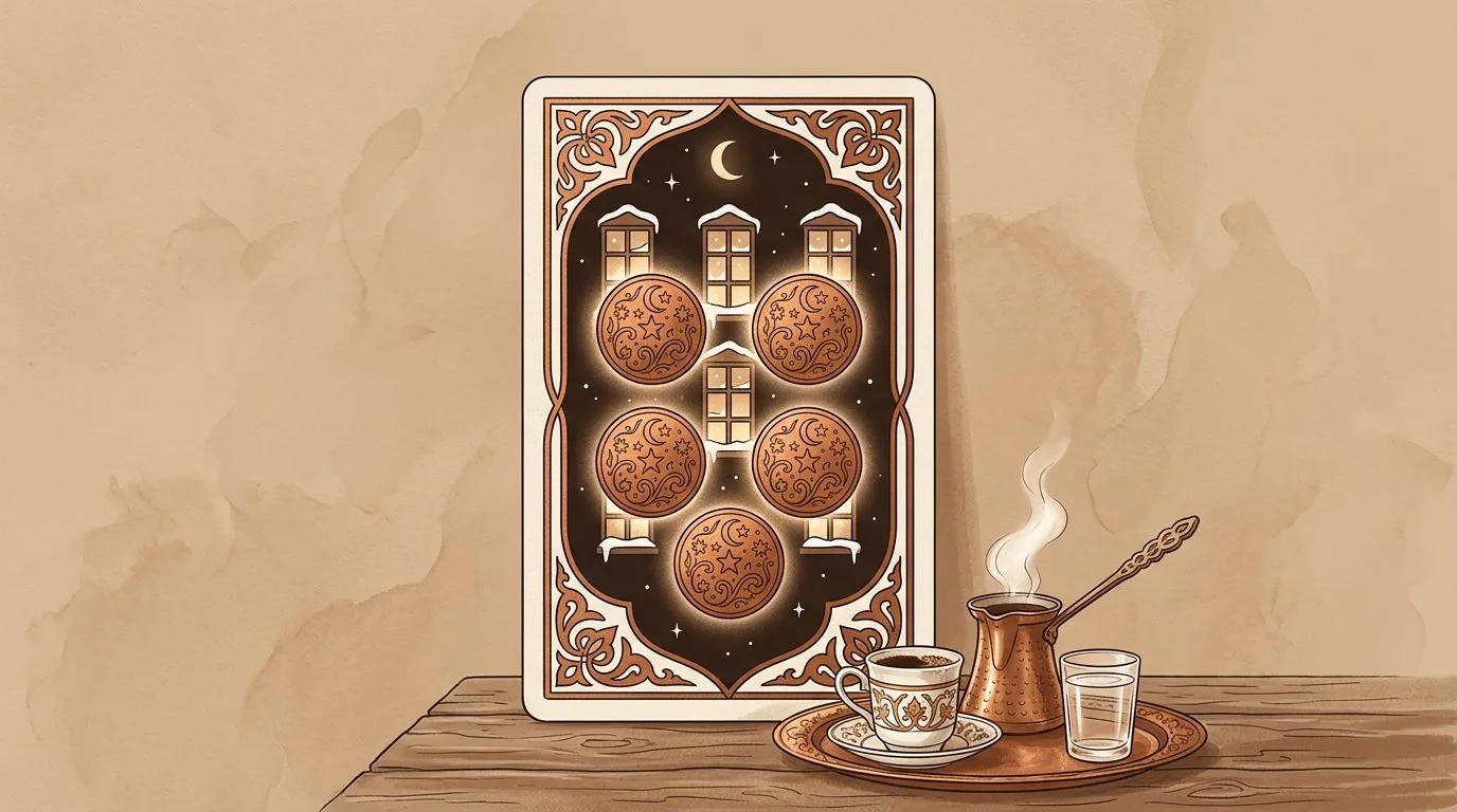 رسم رمزي لبطاقة الخمسة من النقود في مجموع التاروت