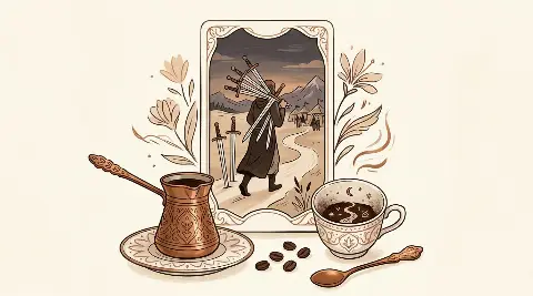 رسم رمزي لبطاقة السبعة من السيوف في مجموع التاروت