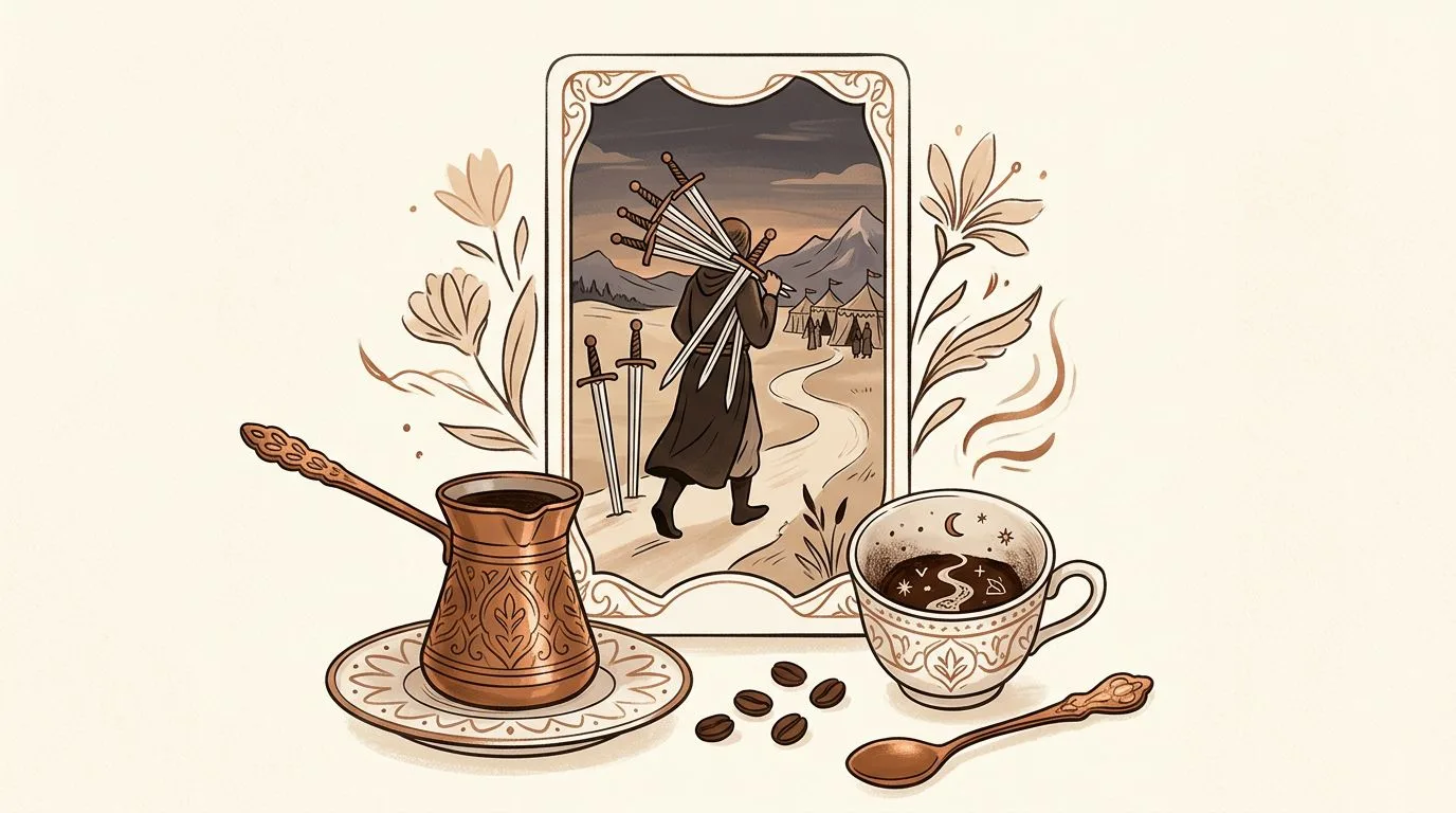 رسم رمزي لبطاقة السبعة من السيوف في مجموع التاروت