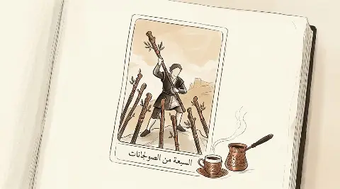رسم رمزي لبطاقة السبعة من الصولجانات في مجموع التاروت