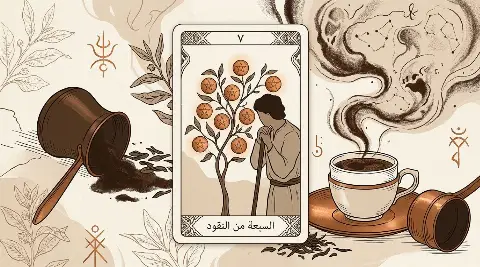 رسم رمزي لبطاقة السبعة من النقود في مجموع التاروت