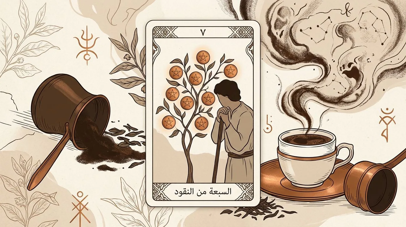 رسم رمزي لبطاقة السبعة من النقود في مجموع التاروت