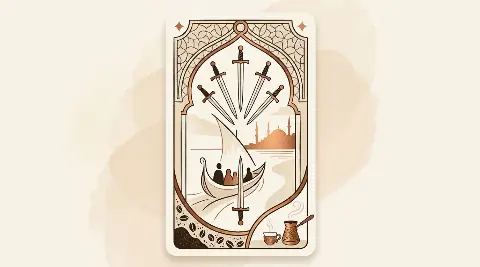 رسم رمزي لبطاقة الستة من السيوف في مجموع التاروت