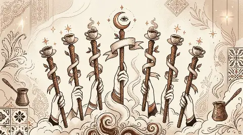 رسم رمزي لبطاقة الستة من الصولجانات في مجموع التاروت