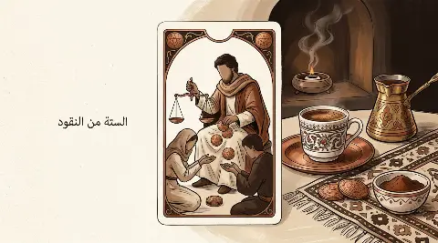 رسم رمزي لبطاقة الستة من النقود في مجموع التاروت