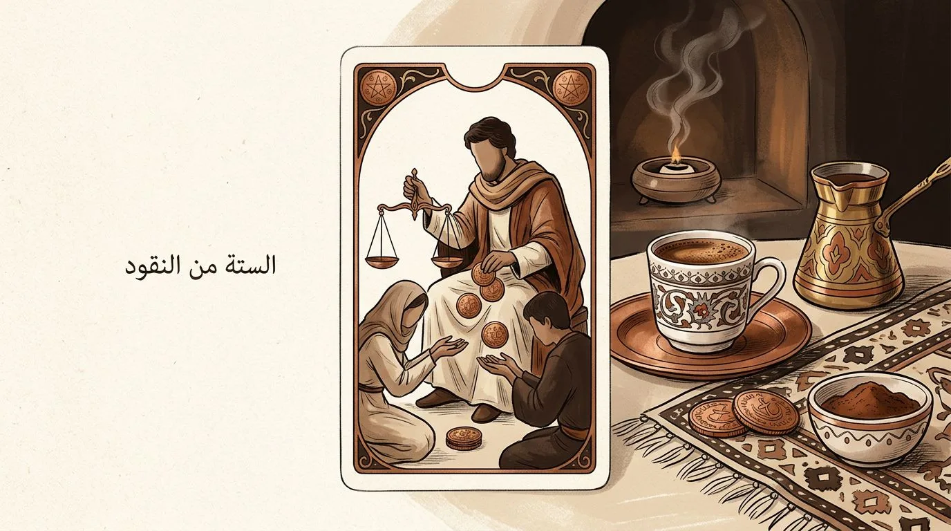 رسم رمزي لبطاقة الستة من النقود في مجموع التاروت