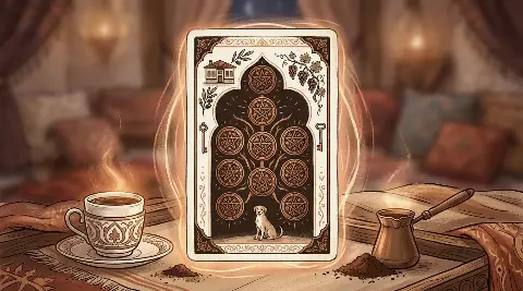 رسم رمزي لبطاقة العشرة من النقود في مجموع التاروت