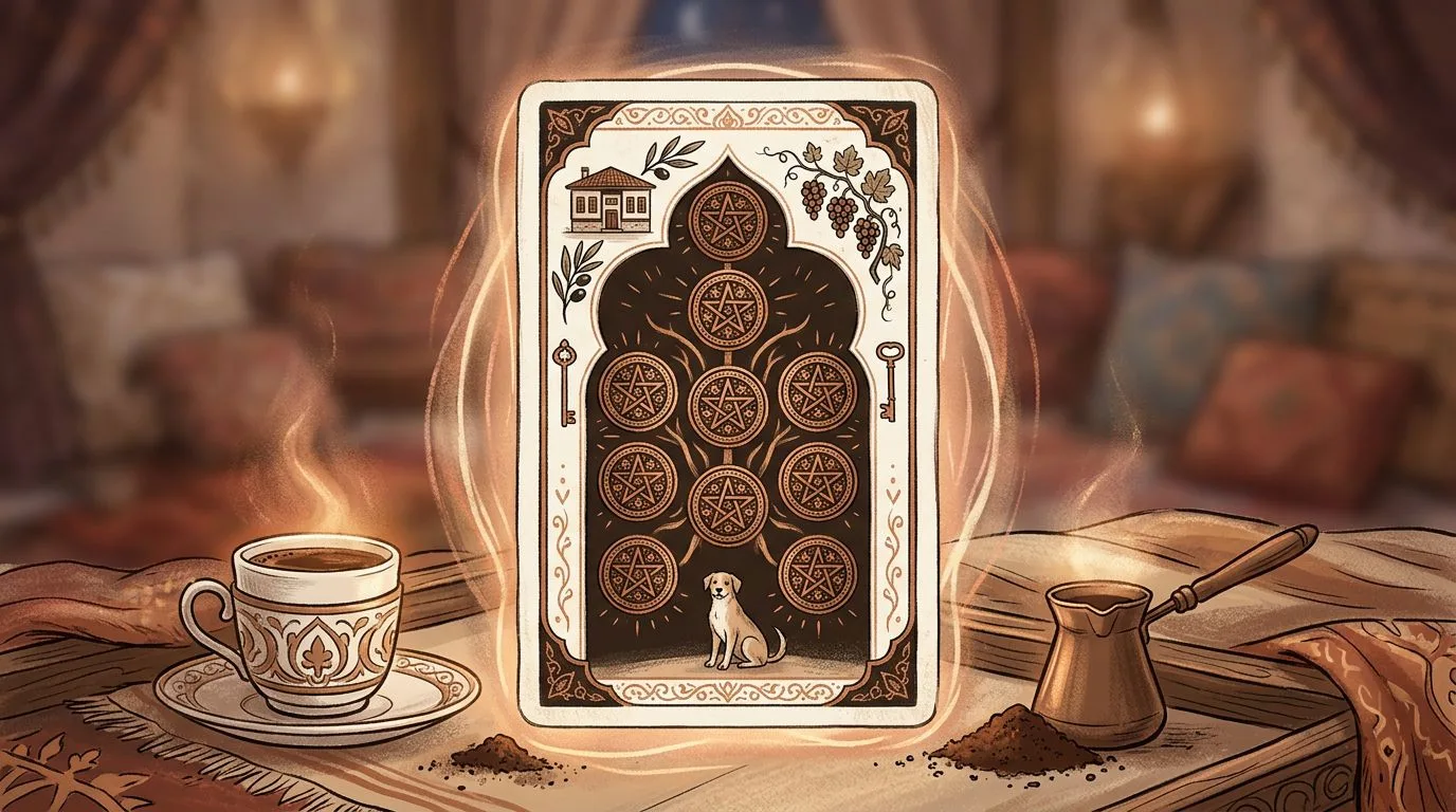 رسم رمزي لبطاقة العشرة من النقود في مجموع التاروت