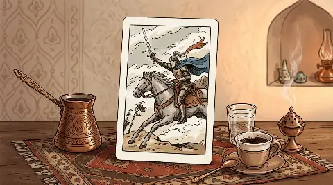 رسم رمزي لبطاقة فارس السيوف في مجموع التاروت