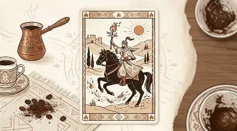 رسم رمزي لبطاقة فارس الصولجانات في مجموع التاروت