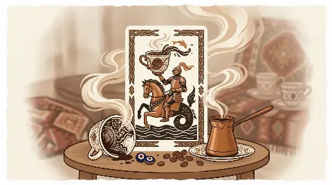 رسم رمزي لبطاقة فارس الكؤوس في مجموع التاروت