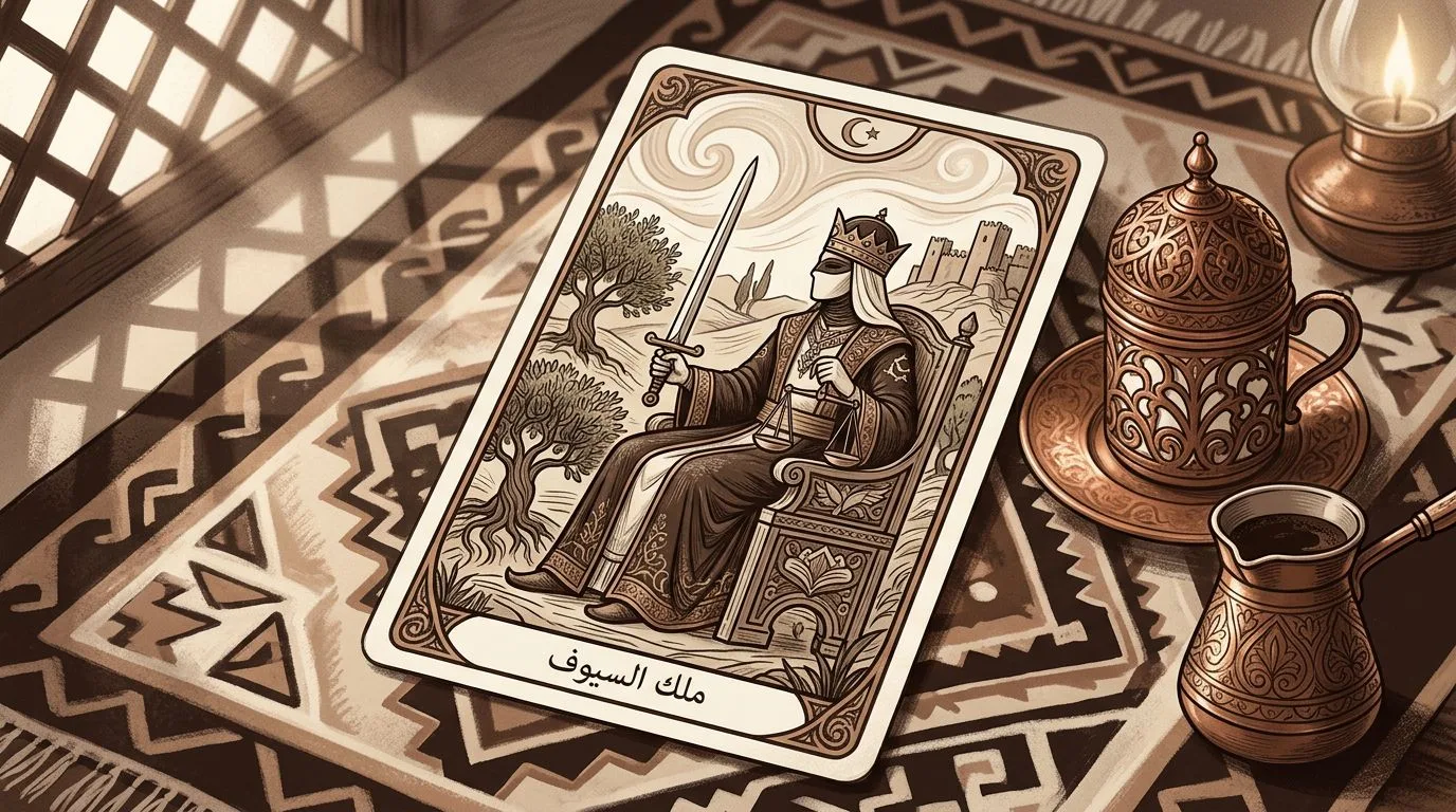رسم رمزي لبطاقة ملك السيوف في مجموع التاروت