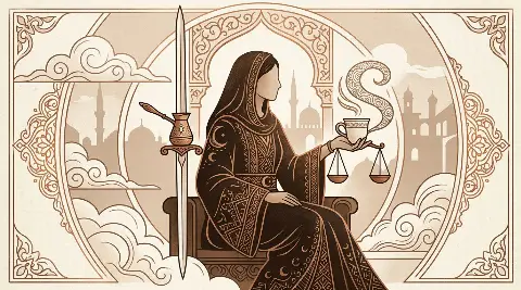رسم رمزي لبطاقة ملكة السيوف في مجموع التاروت