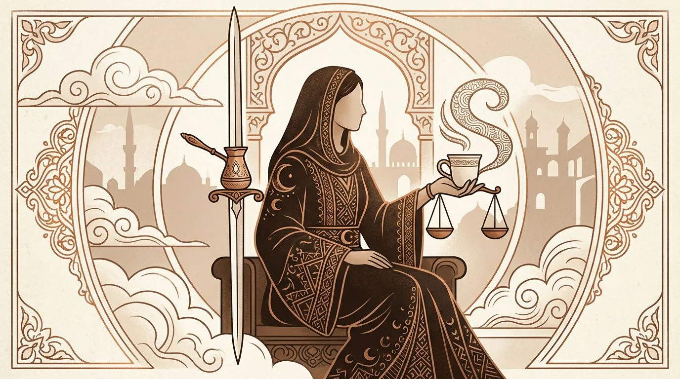 رسم رمزي لبطاقة ملكة السيوف في مجموع التاروت