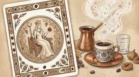 رسم رمزي لبطاقة ملكة النقود في مجموع التاروت